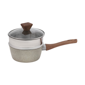 RoyalFord RF12956 Saucepan with Steamer | Non-Stick Aluminium Granite Coated Cooking Pot with Glass Lid | Wooden Handle |  Heat Resistant Multipurpose Kitchen Cookware