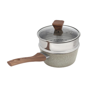 RoyalFord RF12956 Saucepan with Steamer | Non-Stick Aluminium Granite Coated Cooking Pot with Glass Lid | Wooden Handle |  Heat Resistant Multipurpose Kitchen Cookware