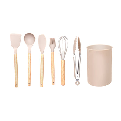 Royalford RF12957 7-Piece Premium Silicone Kitchen Utensils Set with Holder | Heat Resistant| BPA Free| Non-Stick Safe Cooking Tools | Wooden Handles for Modern Kitchens