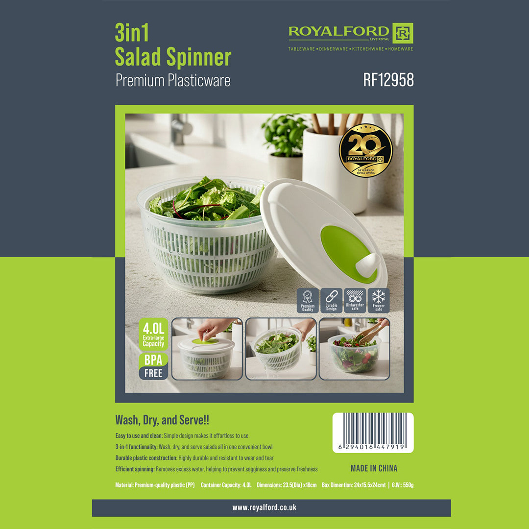 RoyalFord RF12958 3-in-1 Salad Spinner | 4L | BPA Free Premium Plastic Wash Dry Serve Bowl | Dishwasher Safe | Large Vegetable & Fruit Dryer Kitchen Tool for Fresh Salad