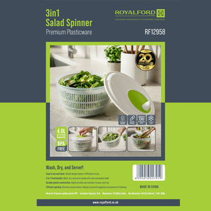 RoyalFord RF12958 3-in-1 Salad Spinner | 4L | BPA Free Premium Plastic Wash Dry Serve Bowl | Dishwasher Safe | Large Vegetable & Fruit Dryer Kitchen Tool for Fresh Salad