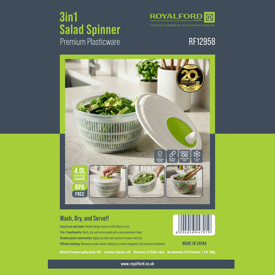RoyalFord RF12958 3-in-1 Salad Spinner | 4L | BPA Free Premium Plastic Wash Dry Serve Bowl | Dishwasher Safe | Large Vegetable & Fruit Dryer Kitchen Tool for Fresh Salad