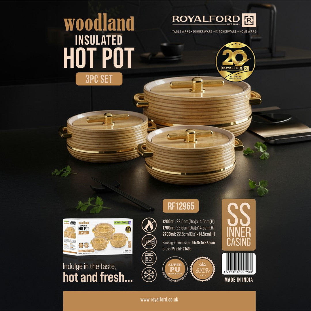 Royalford Woodland RF12965 Insulated Hot Pot 3-Piece Set | Stainless Steel Inner | PU Insulation | Keeps Food Hot & Fresh for Longer | Ideal for curries, rice & hot meals