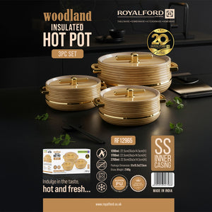 Royalford Woodland RF12965 Insulated Hot Pot 3-Piece Set | Stainless Steel Inner | PU Insulation | Keeps Food Hot & Fresh for Longer | Ideal for curries, rice & hot meals