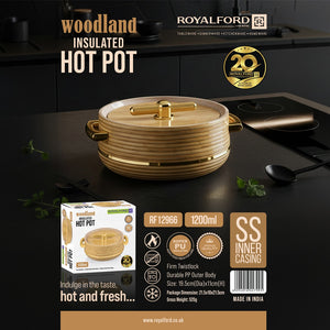 Royalford RF12966 Woodland Insulated Hot Pot 1200ml | Stainless Steel Inner Casing | Super PU Insulation |Firm Twist Lock |  PP Outer Body for Hot & Fresh Food Storage