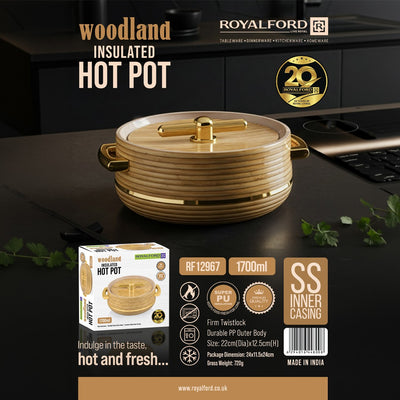 Royalford RF12967 1700ml Woodland Insulated Hot Pot Casserole |  Stainless Steel Inner | Super PU Insulation | Firm Twist Lock Lid & Durable PP Outer Body |Easy to Carry