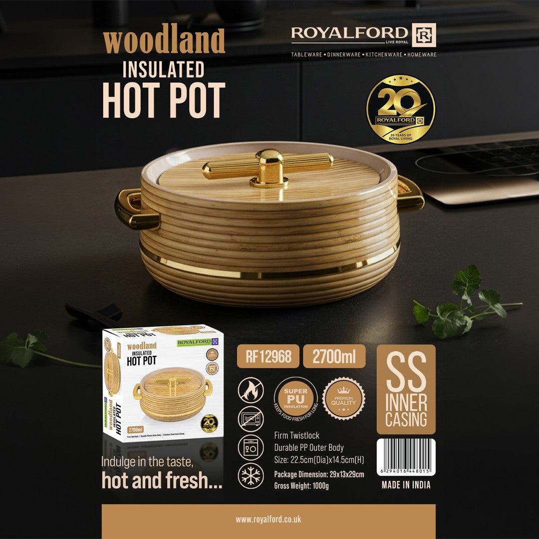 Royalford RF12968 Woodland Insulated Hot Pot 2700ml | Stainless Steel Inner Casing | Super PU Insulation | Twist Lock Lid and Durable PP Outer Body for Serving Food