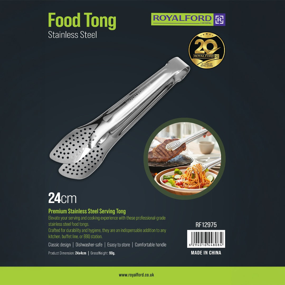 Royalford RF12975 Stainless Steel Food Tong| durable 24cm design with strong grip edges & rust-resistant build| ergonomic handle for easy serving & food handling|