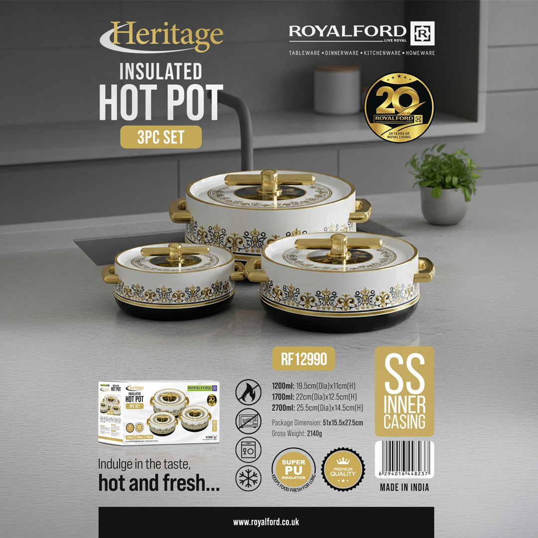 Royalford Heritage RF12990 Insulated Hot Pot 3-Piece Set |Stainless Steel Inner| PU Insulation |Keeps Food Hot & Fresh for Longer |Ideal for daily meals & dinner parties