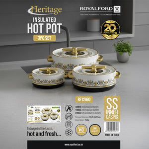 Royalford Heritage RF12990 Insulated Hot Pot 3-Piece Set |Stainless Steel Inner| PU Insulation |Keeps Food Hot & Fresh for Longer |Ideal for daily meals & dinner parties