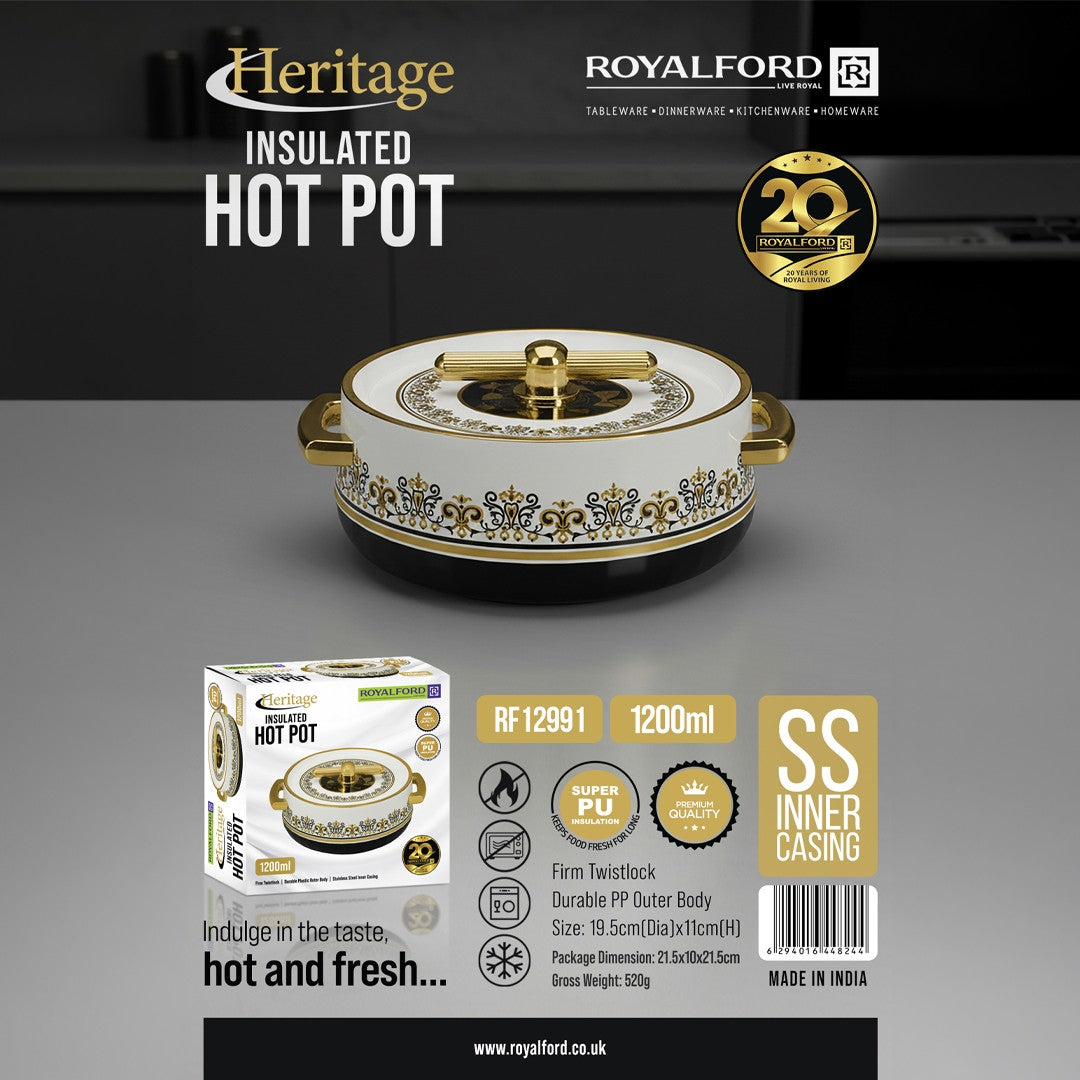 Royalford RF12991 Heritage 1200ml Insulated Hot Pot | Stainless Steel Inner Casing | Super PU Insulation | Firm Twist Lock Lid | Durable PP Outer Body | Elegant Design