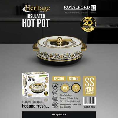Royalford RF12991 Heritage 1200ml Insulated Hot Pot | Stainless Steel Inner Casing | Super PU Insulation | Firm Twist Lock Lid | Durable PP Outer Body | Elegant Design