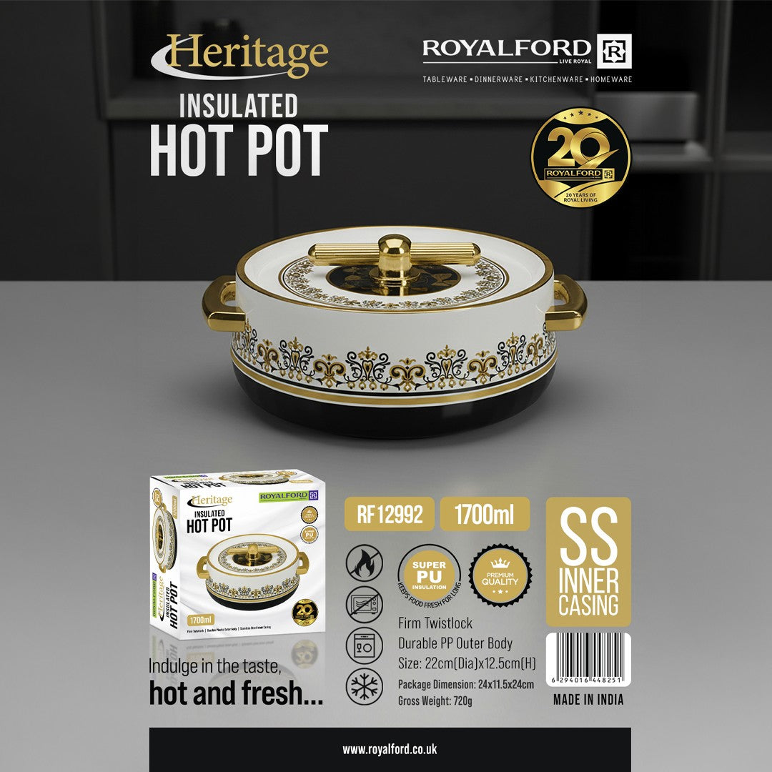 Royalford RF12992 Heritage Insulated Hot Pot 1700ml  | Stainless Steel Inner Casing | Premium PU Insulation | Firm Twist Lock Lid | Durable PP Body Food Warmer