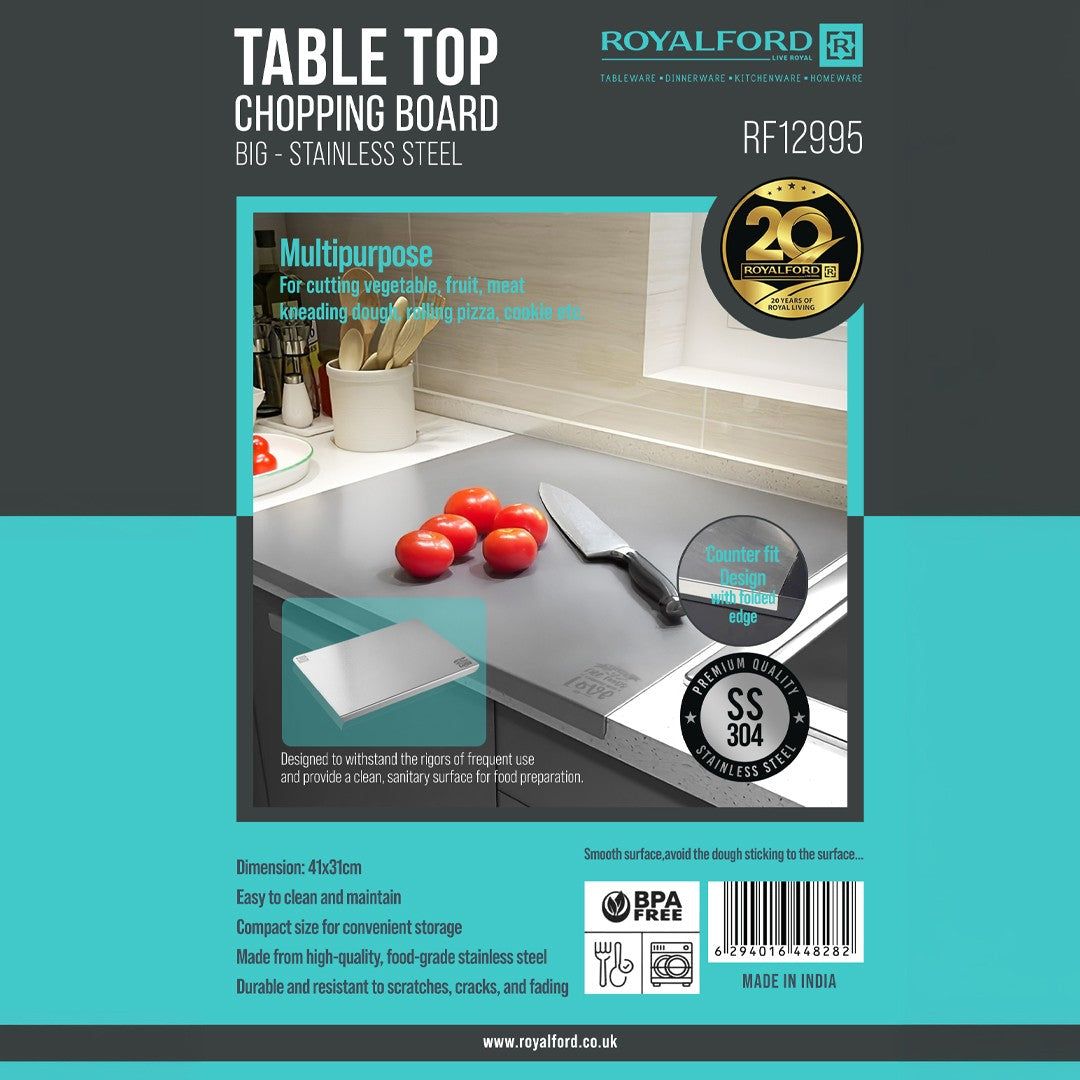 Royalford RF12995 SS304 Stainless Steel Chopping Board | Folded Edge Counter Fit Design| Large Table Top Kitchen Cutting Board | Food Grade BPA Free|  Scratch Resistant