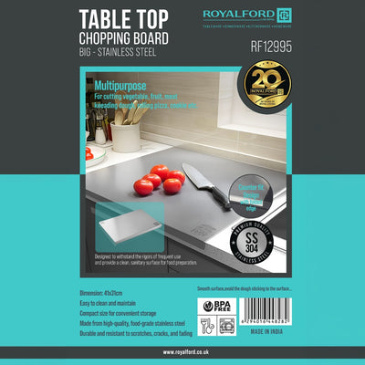 Royalford RF12995 SS304 Stainless Steel Chopping Board | Folded Edge Counter Fit Design| Large Table Top Kitchen Cutting Board | Food Grade BPA Free|  Scratch Resistant