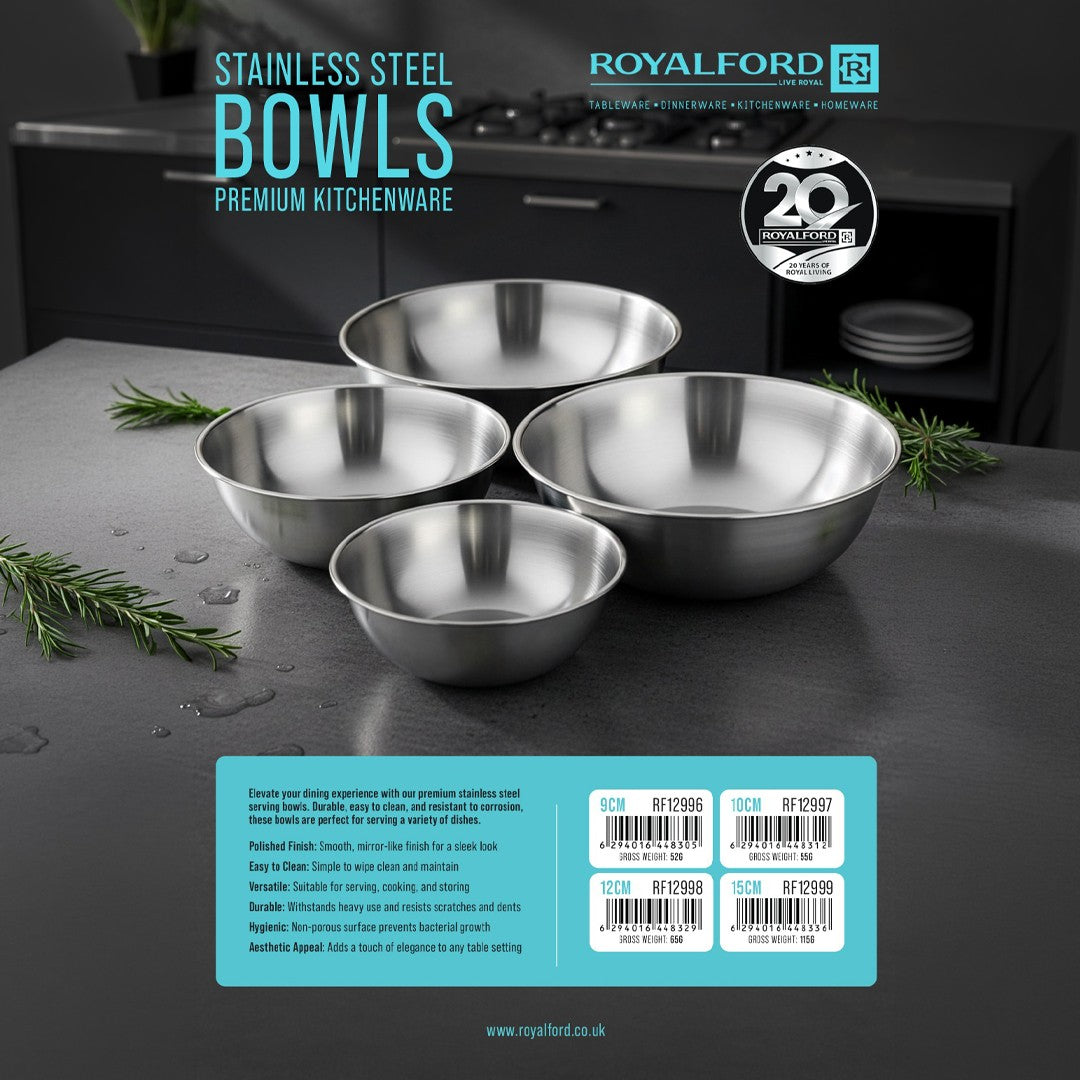 Royalford RF12998 Stainless Steel Bowl | 12cm Durable Rust Resistant Mixing Serving Bowl | Mirror Finish Kitchen Prep Storage Bowl | Hygienic Easy Clean Kitchenware