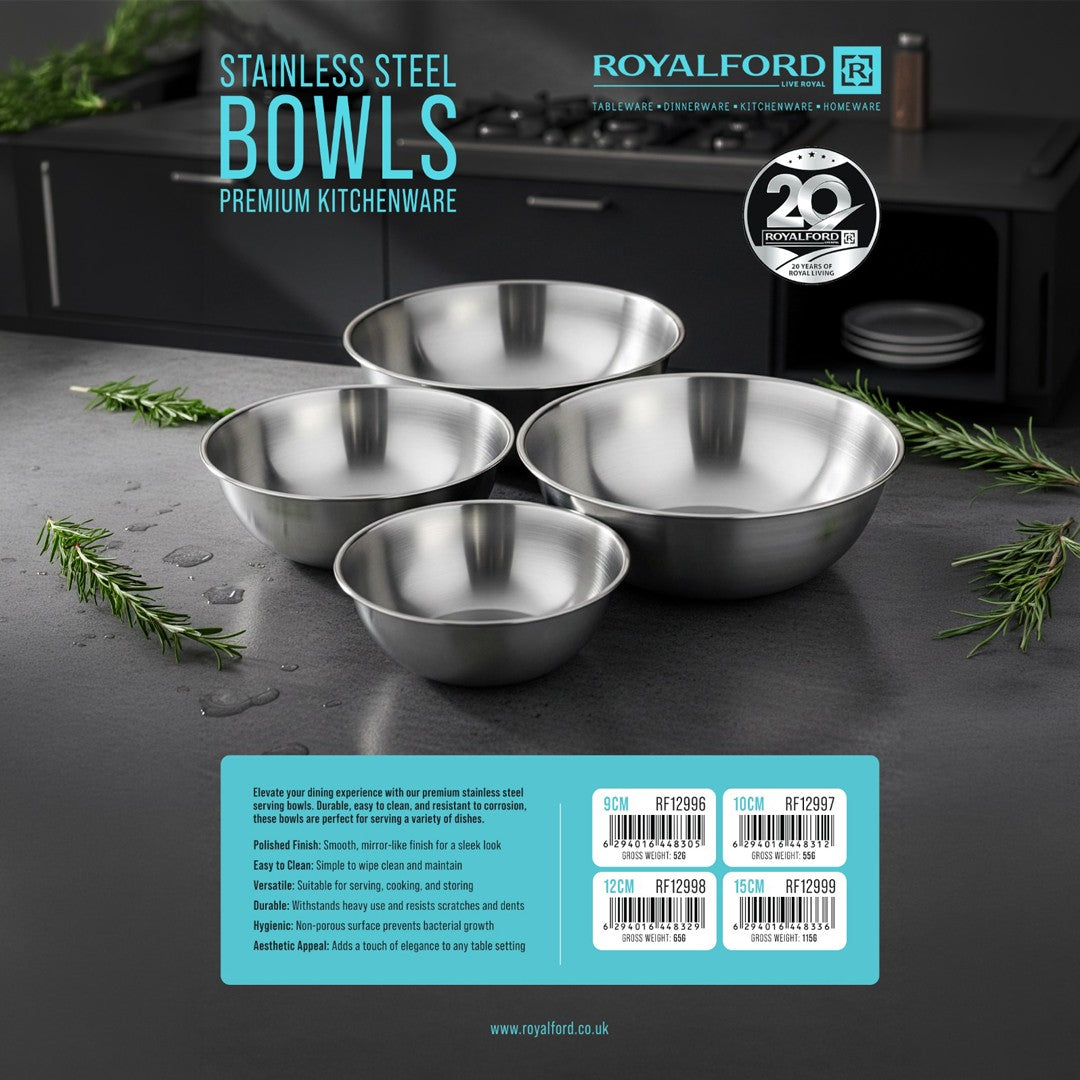 Royalford RF12999 15cm Stainless Steel Bowl with Premium Mirror Finish | Durable Serving and Mixing Bowl | Corrosion Resistant Kitchen Bowl for Food Prep and Storage