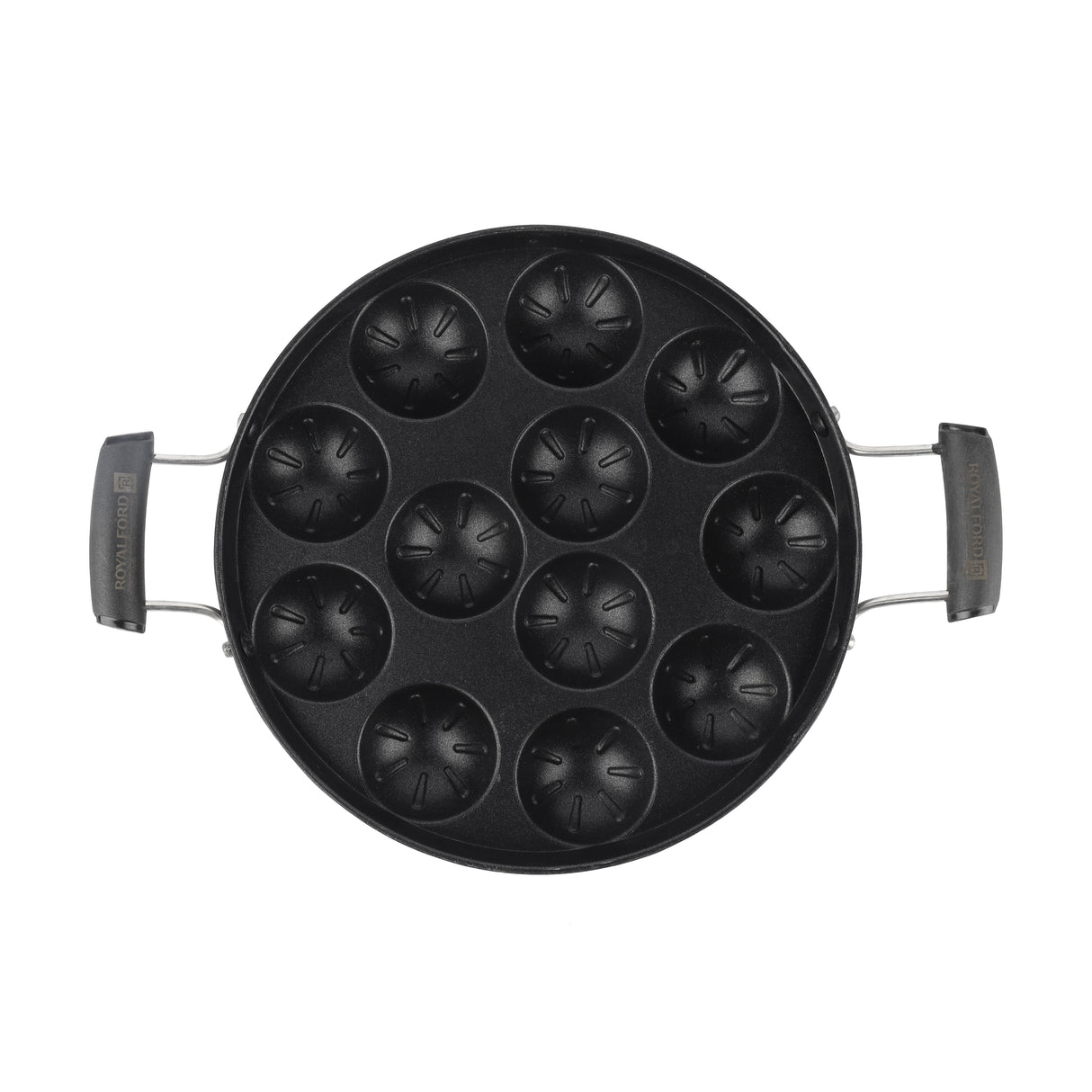 Royalford RF13004 Non-Stick Paniyarkkal Pan | 12 Pits 23cm | Premium Aluminium Appam & Paniyaram Maker | Durable Coating| Heat Resistant Handles| Gas & Ceramic Compatible