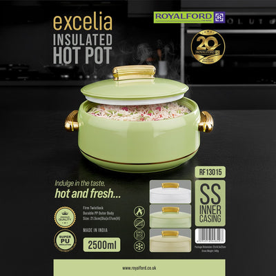 Royalford RF13015 Excelia Insulated Hot Pot 2500ml |Stainless Steel Inner Casing |Super PU Insulation | Firm Twist Lock Lid | Durable PP Body Food Warmer| Easy to clean