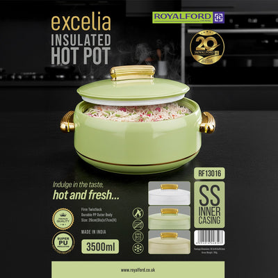 Royalford RF13016 Excelia 3500ml Insulated Hot Pot | SS Inner Casing| Super PU Insulation| Firm Twist Lock Lid| Durable PP Body| Premium Casserole for Hot & Fresh Serving