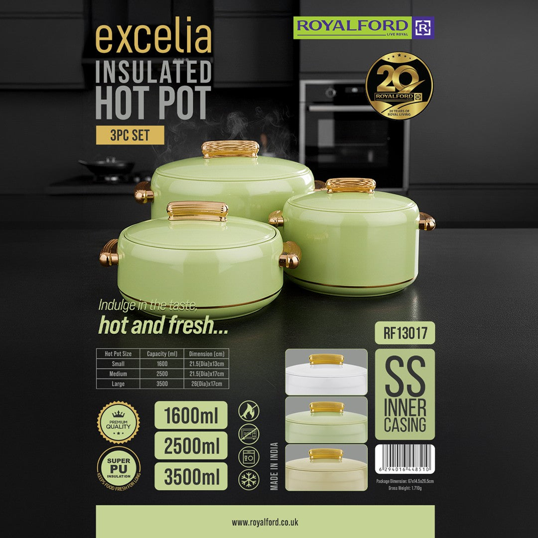 Royalford RF13017 Excelia Insulated Hot Pot 3PC Set | features stainless steel inner casing, premium PU insulation and three sizes to keep food hot,longer hours