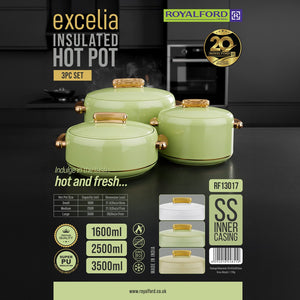 Royalford RF13017 Excelia Insulated Hot Pot 3PC Set | features stainless steel inner casing, premium PU insulation and three sizes to keep food hot,longer hours