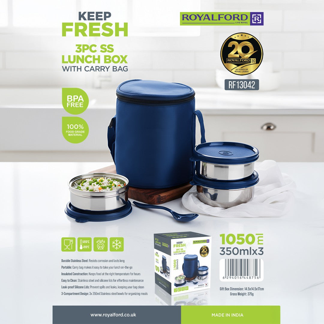 Royalford RF13042 3Pc Stainless Steel Lunch Box with Insulated Carry Bag | BPA Free | Leakproof Food Containers Tiffin Set | Perfect for Office, School & Travel