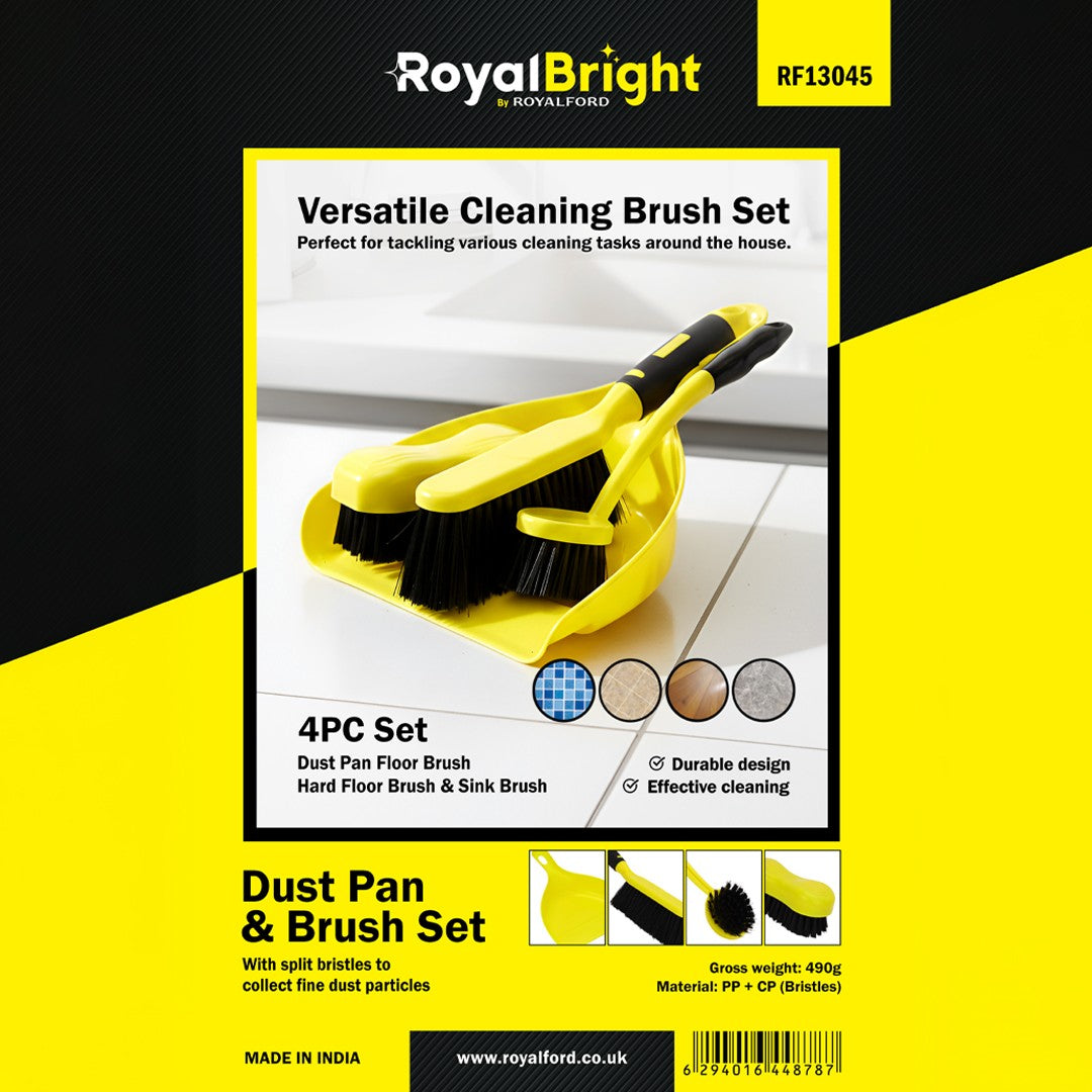 Royalford RF13045 4 Piece Dust Pan and Cleaning Brush Set |Floor Brush, Sink Brush and Hard Floor Scrub Brush | Durable Multi Purpose Cleaning Tools |Compact & Convenient