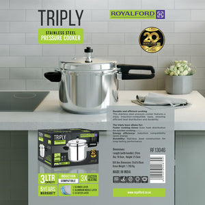 Royalford RF13046 Triply Stainless Steel Pressure Cooker 3L | fast, energy-efficient cooking with even heat distribution, induction compatibility, durable build