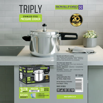 Royalford RF13046 Triply Stainless Steel Pressure Cooker 3L | fast, energy-efficient cooking with even heat distribution, induction compatibility, durable build