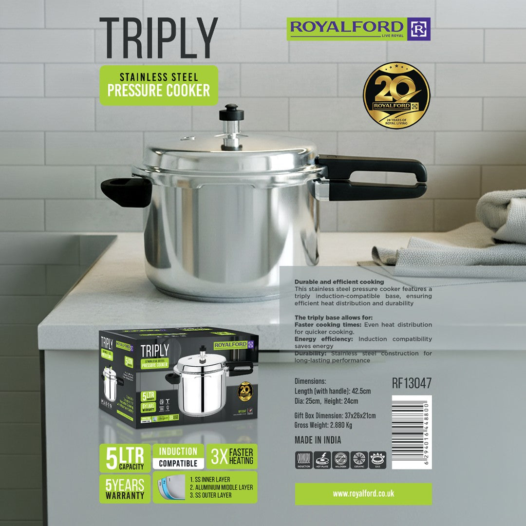 RoyalFord RF13047 Triply Stainless Steel Pressure Cooker 5L | Triply Base | Induction Compatible Stainless Steel Cooker | 3X Faster Heating | Energy Efficient | Durable
