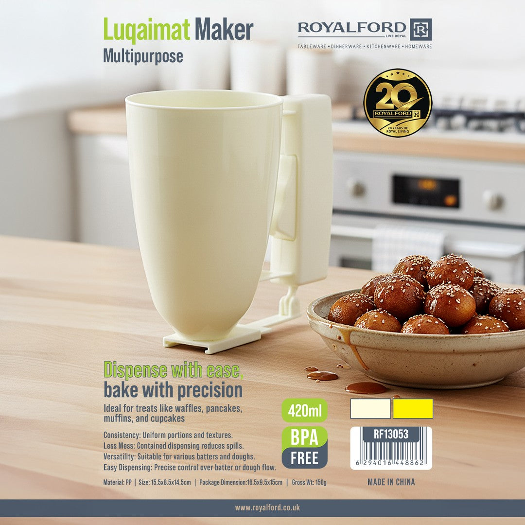 Royalford RF13053 Luqaimat Maker 420ml| BPA Free, Multipurpose Batter Dispenser with ergonomic handle for precise| ideal for pancakes, waffles, and baking tasks|