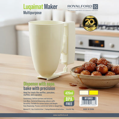 Royalford RF13053 Luqaimat Maker 420ml| BPA Free, Multipurpose Batter Dispenser with ergonomic handle for precise| ideal for pancakes, waffles, and baking tasks|