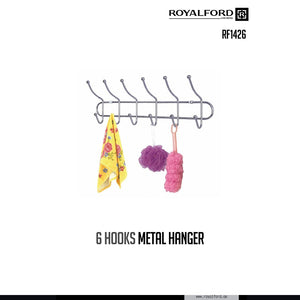 Royalford RF1426-MH6 6 Hooks Metal Hanger | Heavy-Duty Wall Mounted Rack for Towels, Clothes, Keys & Kitchen Accessories |  Space Saving Organizer for Home & Bathroom