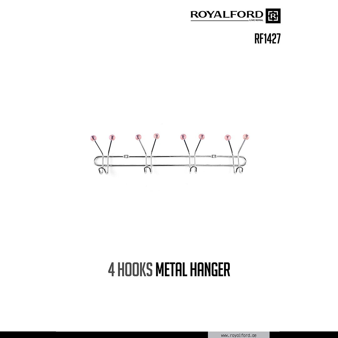 Royalford RF1427 4 Hooks Metal Hanger| wall mounted, durable storage rack with sturdy metal build| chrome finish, and rounded tips, ideal for dress, and home use|