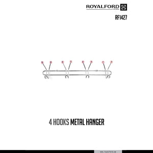 Royalford RF1427 4 Hooks Metal Hanger| wall mounted, durable storage rack with sturdy metal build| chrome finish, and rounded tips, ideal for dress, and home use|