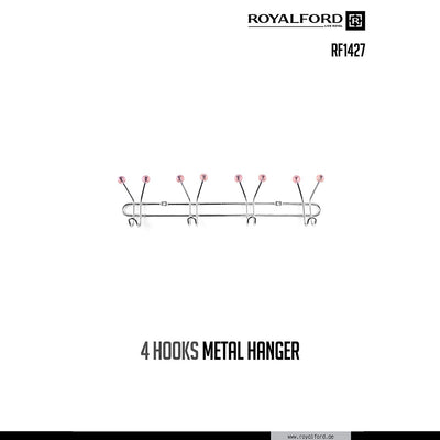 Royalford RF1427 4 Hooks Metal Hanger| wall mounted, durable storage rack with sturdy metal build| chrome finish, and rounded tips, ideal for dress, and home use|