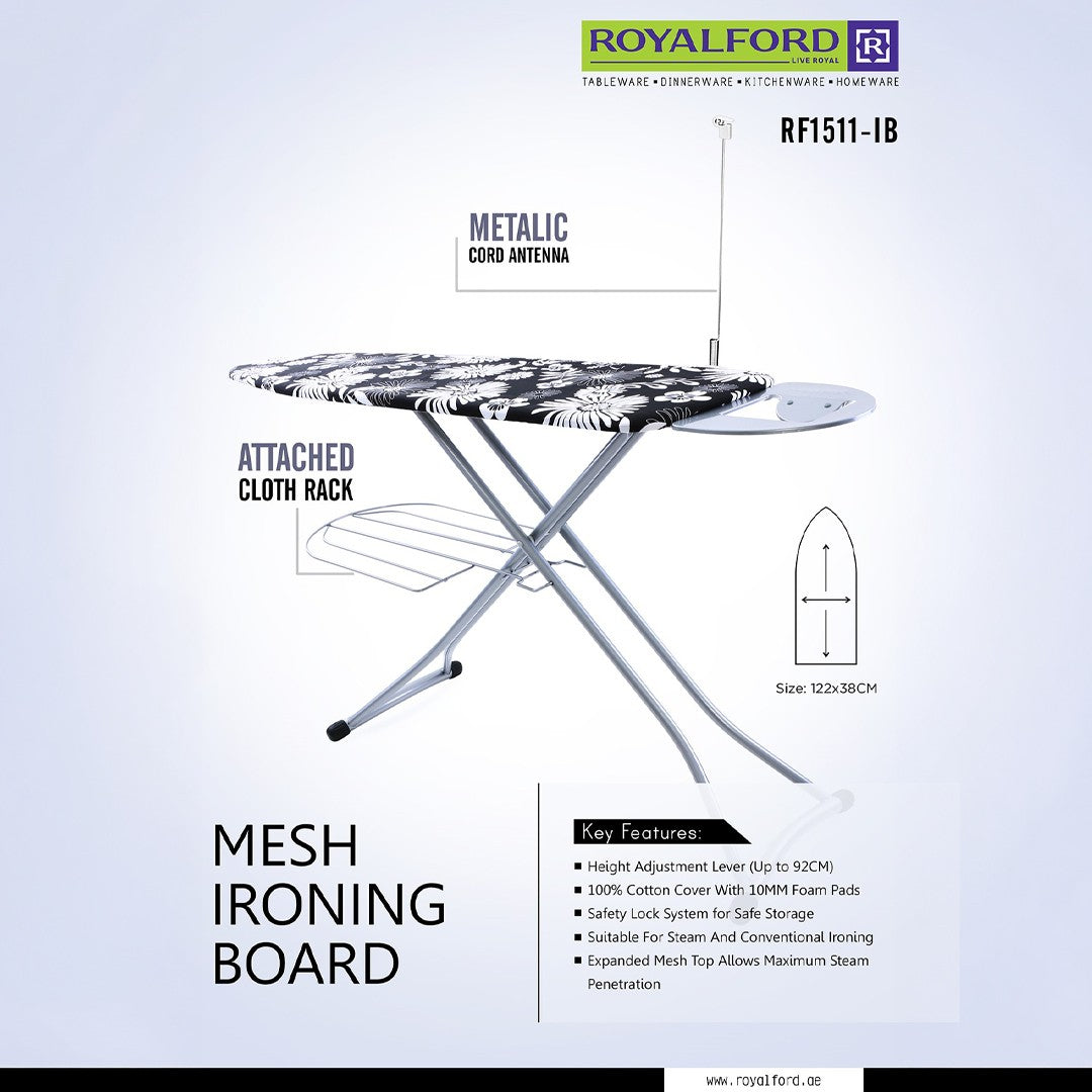 Royalford RF1511-IB Mesh Ironing Board | Height Adjustment up to 92cm | Steam Friendly Mesh Top | Cotton Padded Cover | Cloth Rack | Safety Lock for Home Use Ironing