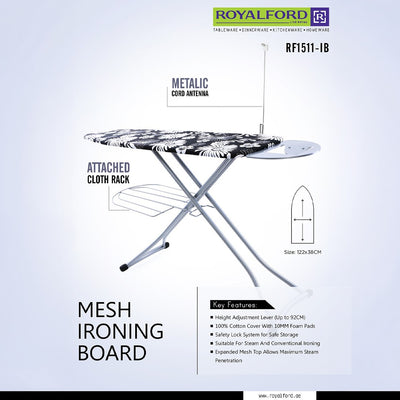 Royalford RF1511-IB Mesh Ironing Board | Height Adjustment up to 92cm | Steam Friendly Mesh Top | Cotton Padded Cover | Cloth Rack | Safety Lock for Home Use Ironing