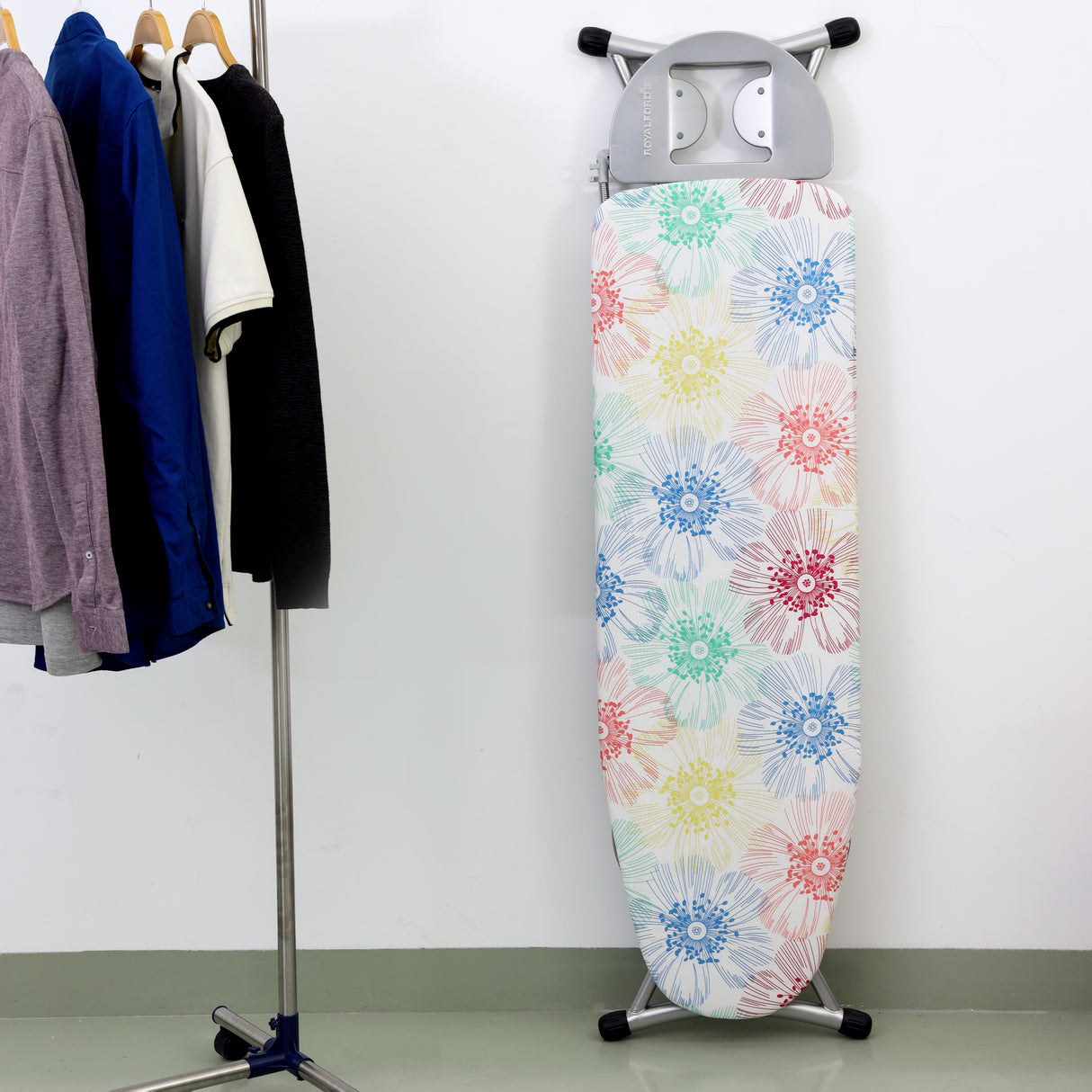Royalford RF1511-IB Mesh Ironing Board | Height Adjustment up to 92cm | Steam Friendly Mesh Top | Cotton Padded Cover | Cloth Rack | Safety Lock for Home Use Ironing