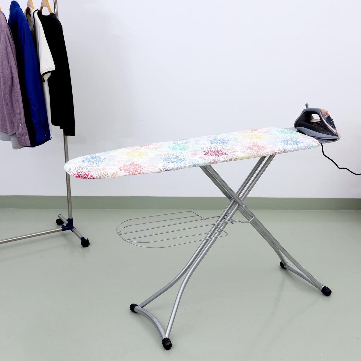 Royalford RF1511-IB Mesh Ironing Board | Height Adjustment up to 92cm | Steam Friendly Mesh Top | Cotton Padded Cover | Cloth Rack | Safety Lock for Home Use Ironing