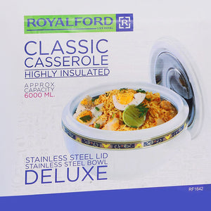Royalford RF1642 Classic Insulated Casserole | 6000 ML Deluxe Stainless Steel Construction| Highly Insulated Walls| Secure Lid & Long-Lasting Heat Retention Hot Pot