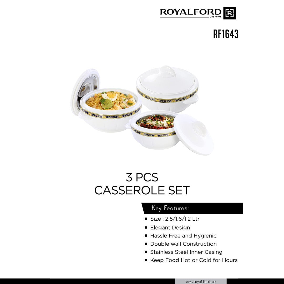Royalford RF1643 Classic Deluxe Casserole Set | Highly Insulated Stainless Steel Hot Pot with Lid | 3-Piece Set 1200ml + 1600ml + 2500ml for Long-Lasting Heat Retention