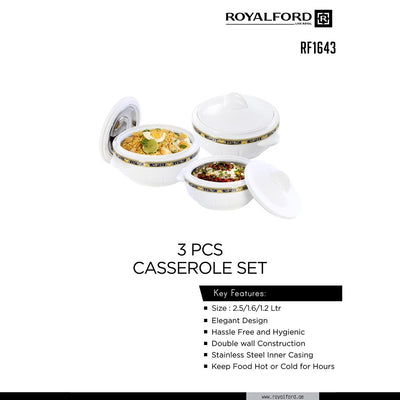 Royalford RF1643 Classic Deluxe Casserole Set | Highly Insulated Stainless Steel Hot Pot with Lid | 3-Piece Set 1200ml + 1600ml + 2500ml for Long-Lasting Heat Retention
