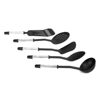 Royalford RF1796-NKT 5PCS Nylon Kitchen Tools Set | Stainless Steel Handles | Heat Resistant | Non-Stick Cooking Utensils Set | Slotted Turner, Ladle , Spoon & Skimmer