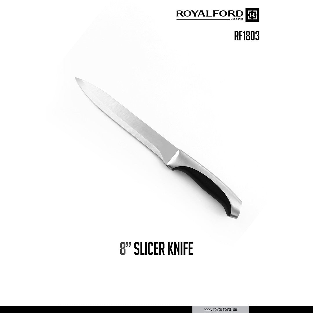 Royalford RF1803-SK 8 Inch Slicer Knife | Stainless Steel Precision Kitchen Cutting Knife| Ergonomic Non-Slip Handle | Sharp Blade for Meat, Fish, Fruits & Vegetables