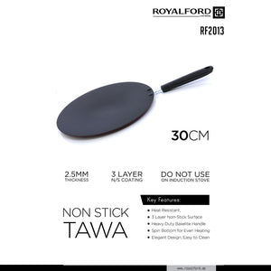 Royalford 30CM Non-Stick Tawa RF2013-T30 | 3-Layer Non-Stick Coating| 2.5MM Thick Aluminium| Spin Bottom  | Heavy Duty Bakelite Handle | Ideal for Rotis, Dosas & Chapatis