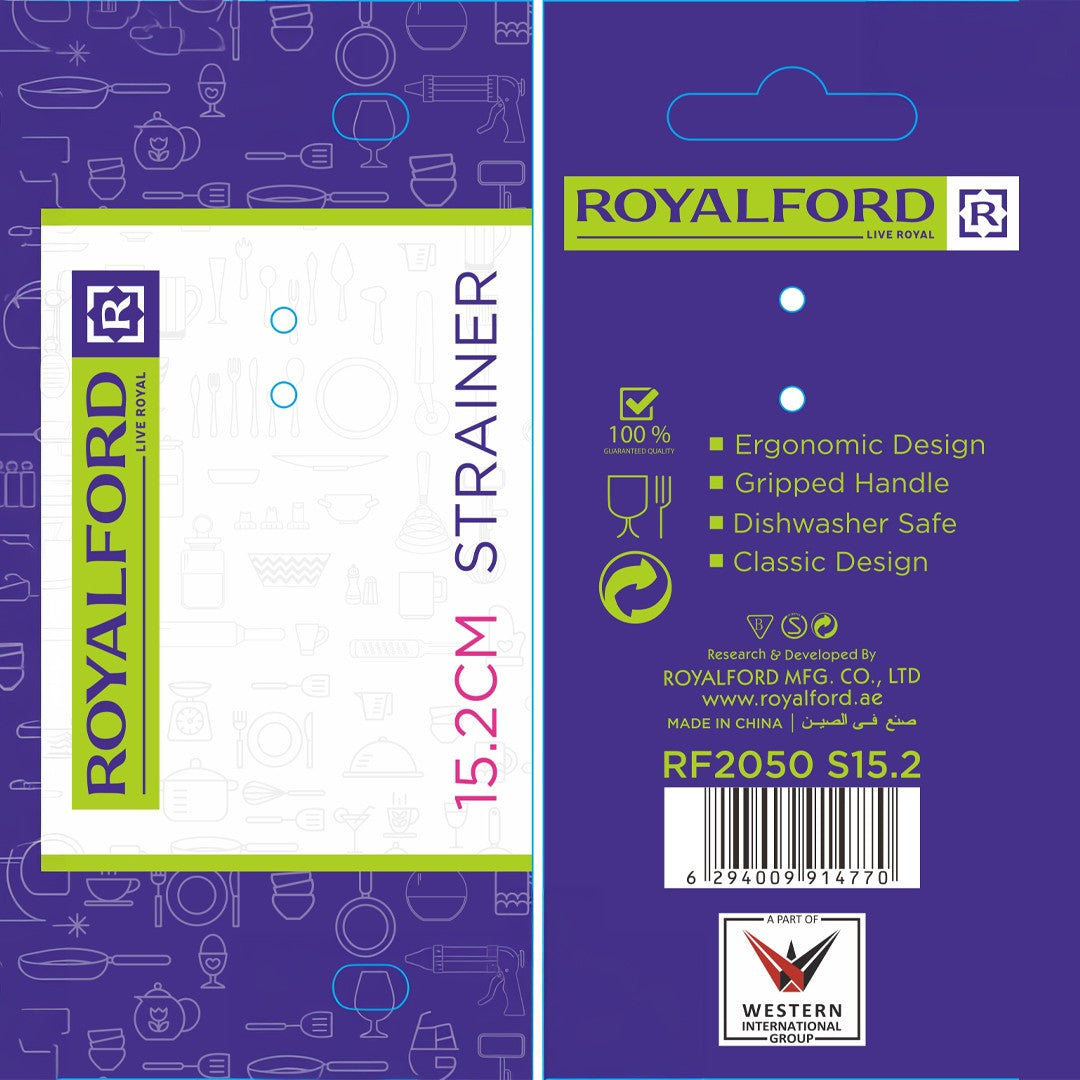RoyalFord RF2050-S15.2 Stainless Steel Strainer | 15.2cm Durable Kitchen Sieve | Ergonomic Handle | Dishwasher Safe Food Draining Tool | Perfect  for Home Cooking