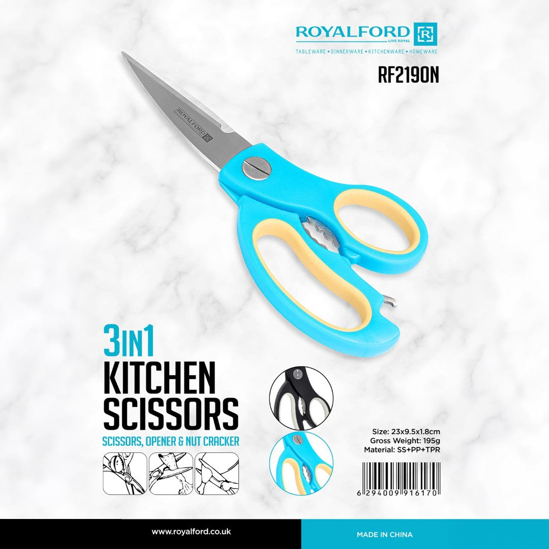 Royalford RF2190N 3 in 1 Kitchen Scissors | Stainless Steel Blades|  Multipurpose Kitchen Shears with Bottle Opener & Nut Cracker| Ergonomic Non Slip Handle for Food Prep