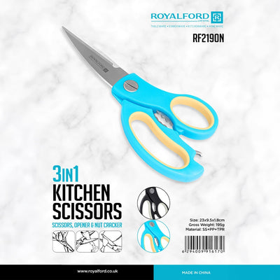 Royalford RF2190N 3 in 1 Kitchen Scissors | Stainless Steel Blades|  Multipurpose Kitchen Shears with Bottle Opener & Nut Cracker| Ergonomic Non Slip Handle for Food Prep
